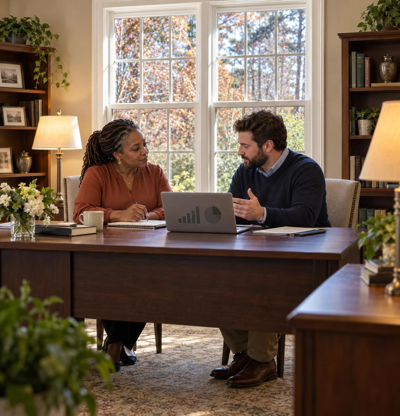 A funeral home owner plans her ads with a marketer from our team at her office table.