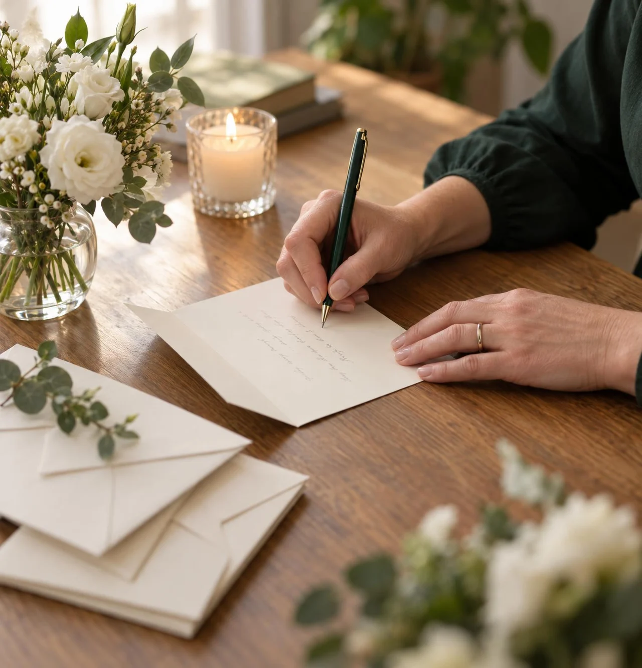 Close on a funeral director's hands writing a personal card to a family, months after the service.