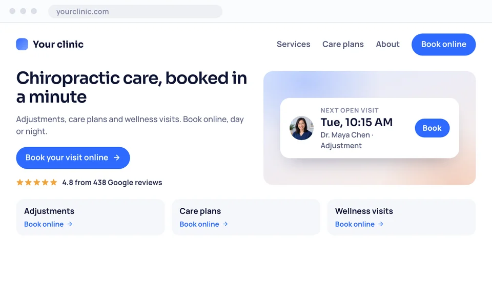 Your funeral home's new website in a browser, with Book online on every section and the next open appointment.