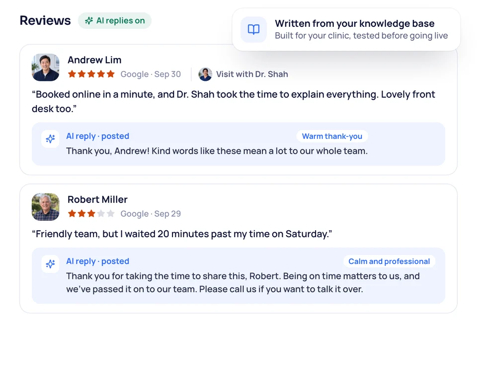 AI replies on your Google reviews: warm thanks for a five-star review and a calm, careful answer to a three-star one.