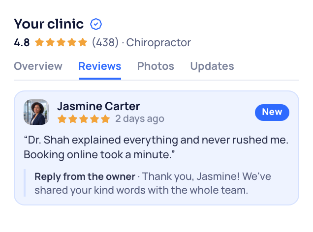 Your funeral home's Google profile, with a new review at the top and the owner's reply beneath it.
