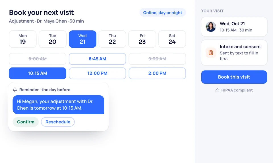 The online booking page with a day and time chosen, forms sent by text, and a reminder to confirm or reschedule.