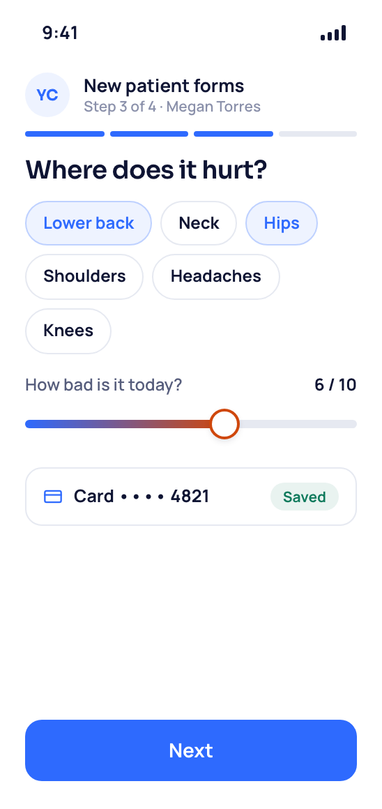 A family member filling in your funeral home's forms on their phone, step 3 of 4, with their card saved.