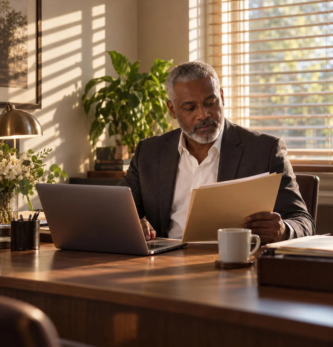 A funeral director reviews the day's case files on a laptop at his desk in the early morning